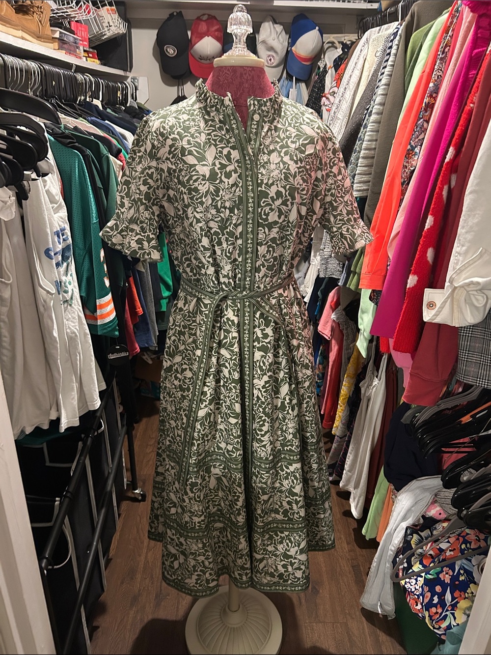 Green Floral Print Tie-Waist Midi Dress